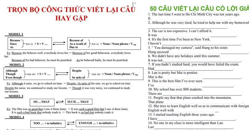 công thức viết lại câu trong tiếng Anh