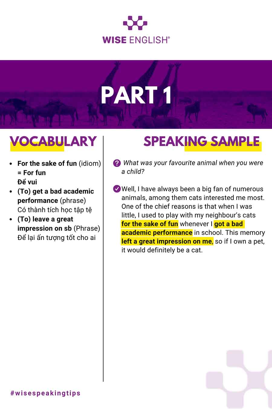 IELTS SPEAKING SAMPLE - CHỦ ĐỀ ANIMALS 3 PARTS | WISE ENGLISH