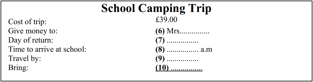 KIỂM TRA ĐẦU VÀO IELTS FOR TEENS 17 school-camping-trip