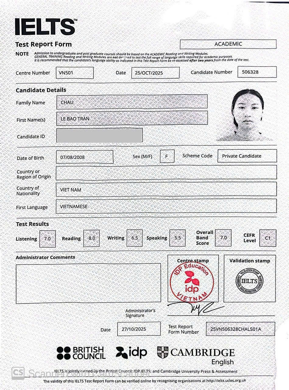 Bằng IELTS học viên Châu Lê Bảo Trân WISE ENGLISH