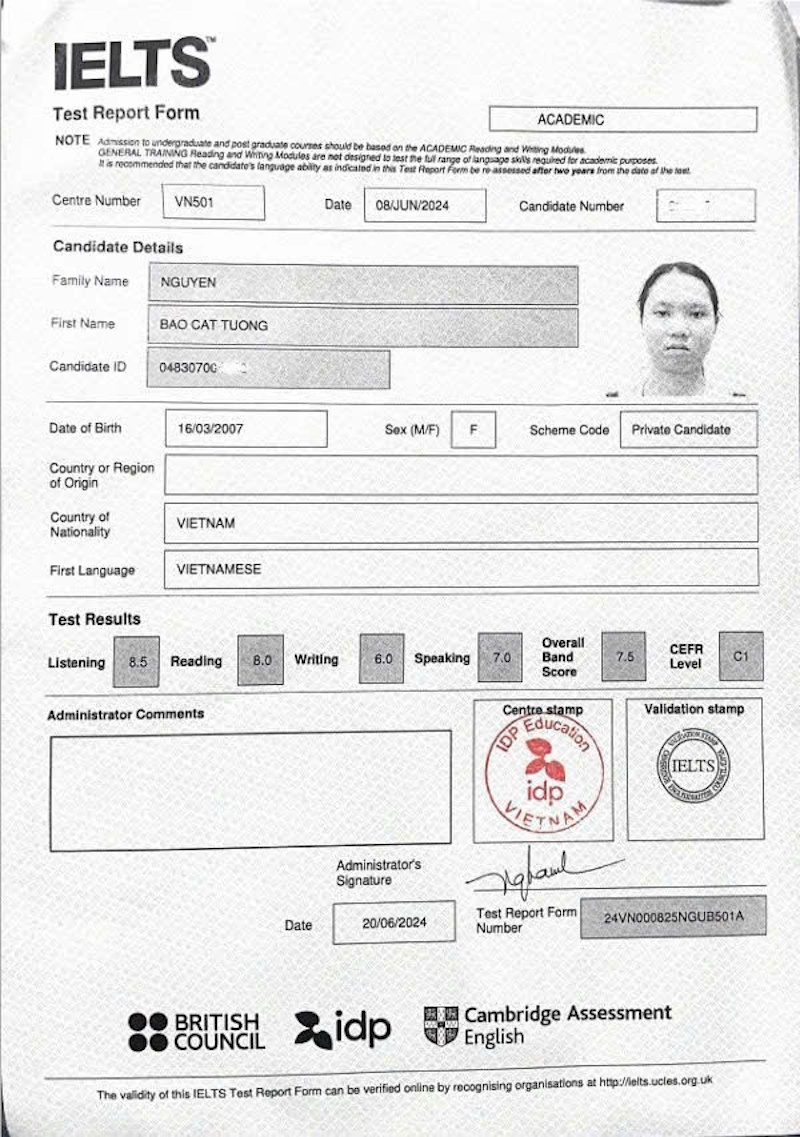 BẬT MÍ CHIẾN LƯỢC CHINH PHỤC 7.5 IELTS CHỈ SAU 1 LỘ TRÌNH GIÚP NỮ SINH 17 TUỔI HIỆN THỰC HÓA GIẤC MƠ DU HỌC ÚC 2 Nguyen Bao Cat Tuong IELTS 7.5