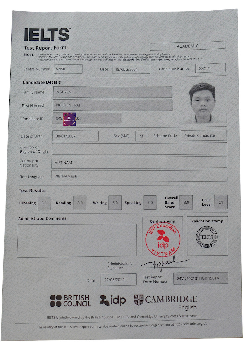 Nguyen Cong Trai IELTS 8.0
