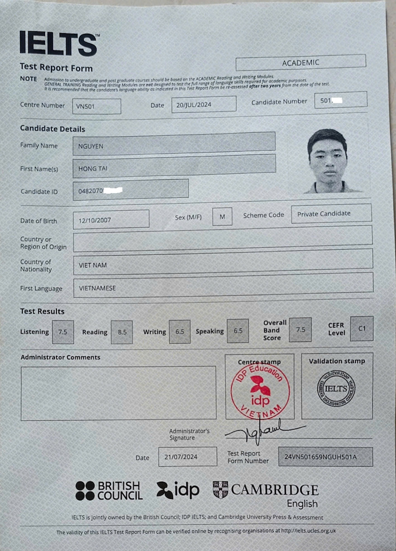 Nguyen Hong Tai 7.5 IELTS