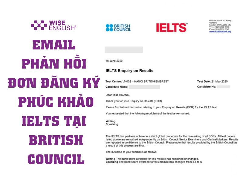 Email phản hồi đơn đăng ký phúc khảo IELTS tại British Council
