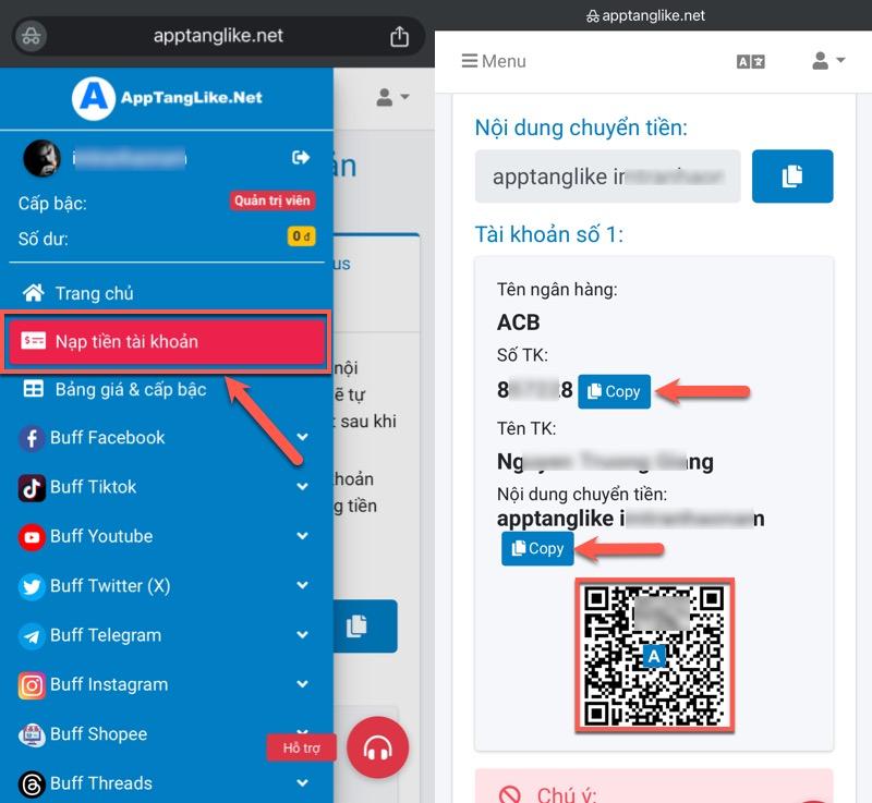 Mua Tim Tiktok UY TÍN - GIÁ RẺ tại AppTangLike.NET 6 Nạp tiền vào tài khoản