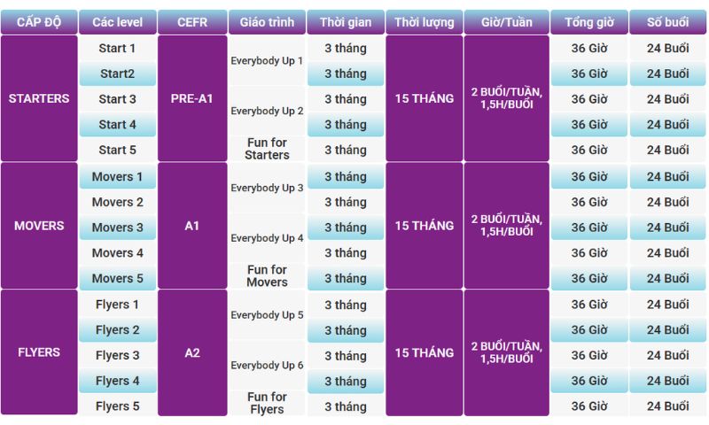 Lộ trình chi tiết của khóa học KIDS WISE ENGLISH