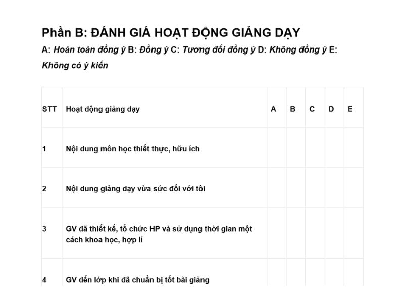 Mẫu đánh giá chất lượng giảng dạy của giảng viên