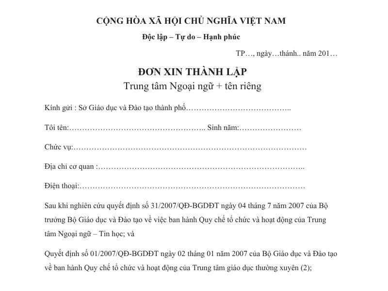 Đơn Xin Thành Lập Trung Tâm Ngoại Ngữ Mới Nhất: Tải Miễn Phí & Hướng Dẫn Chi Tiết 2 Đơn xin thành lập trung tâm ngoại ngữ