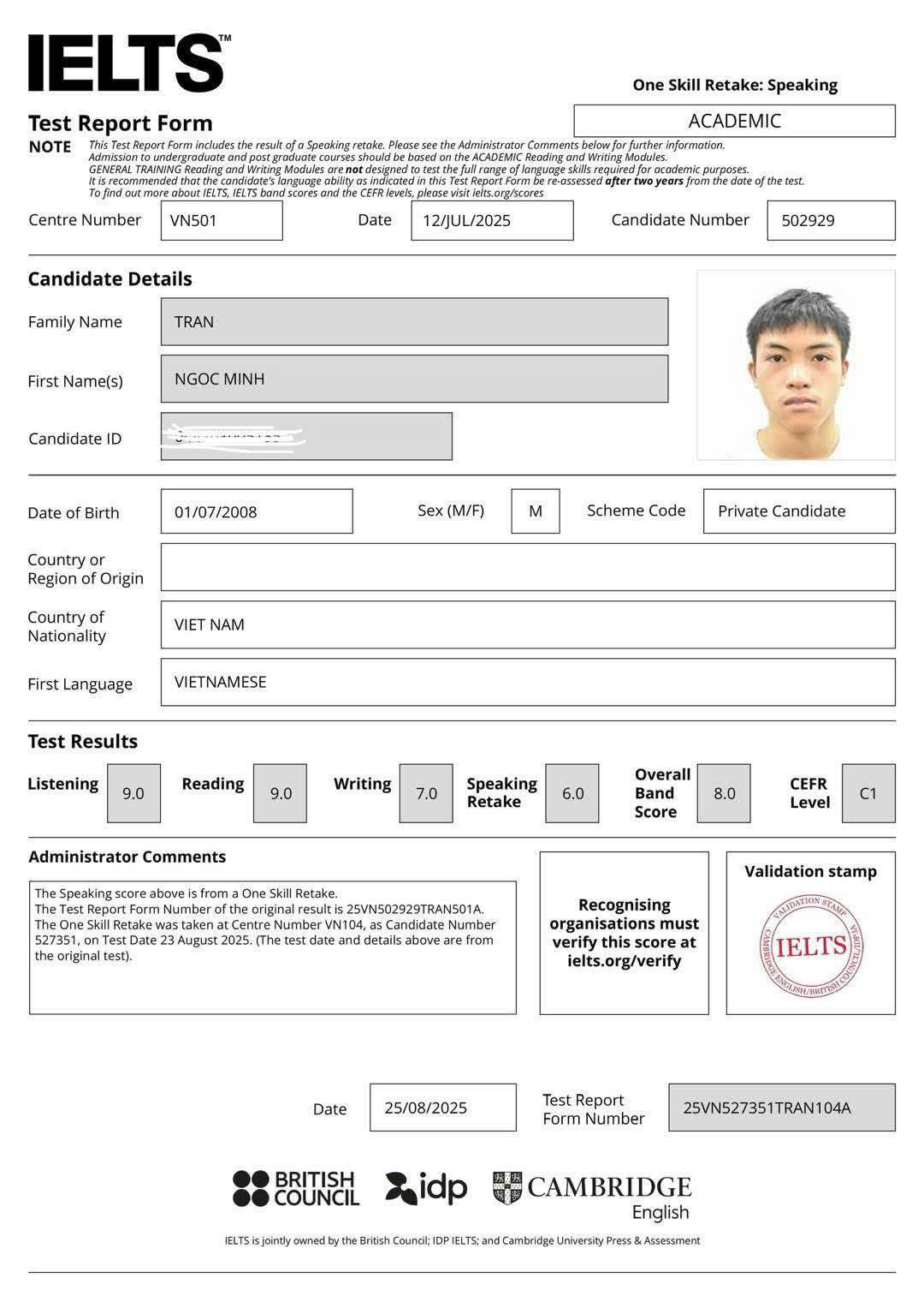 bang ielts hoc vien tran ngoc minh
